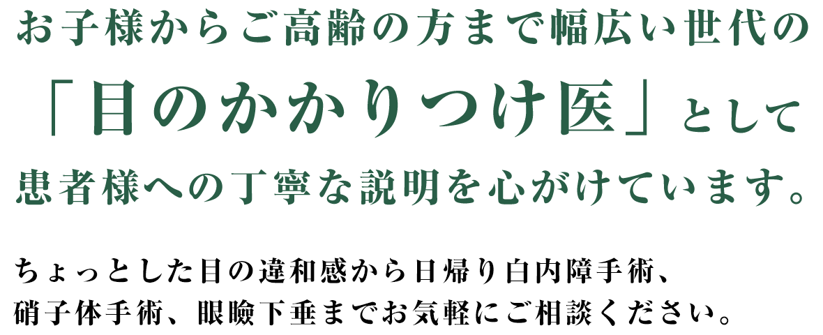 お子様からご高齢の方まで幅広い世代の「目のかかりつけ医」として患者様への丁寧な説明を心がけています。ちょっとした眼の違和感から日帰り白内障手術、硝子体手術、眼瞼下垂までまでお気軽にご相談ください。
